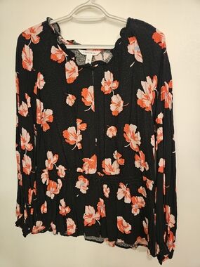 POPSUGAR Black Floral Long-Sleeve Peplum Blouse